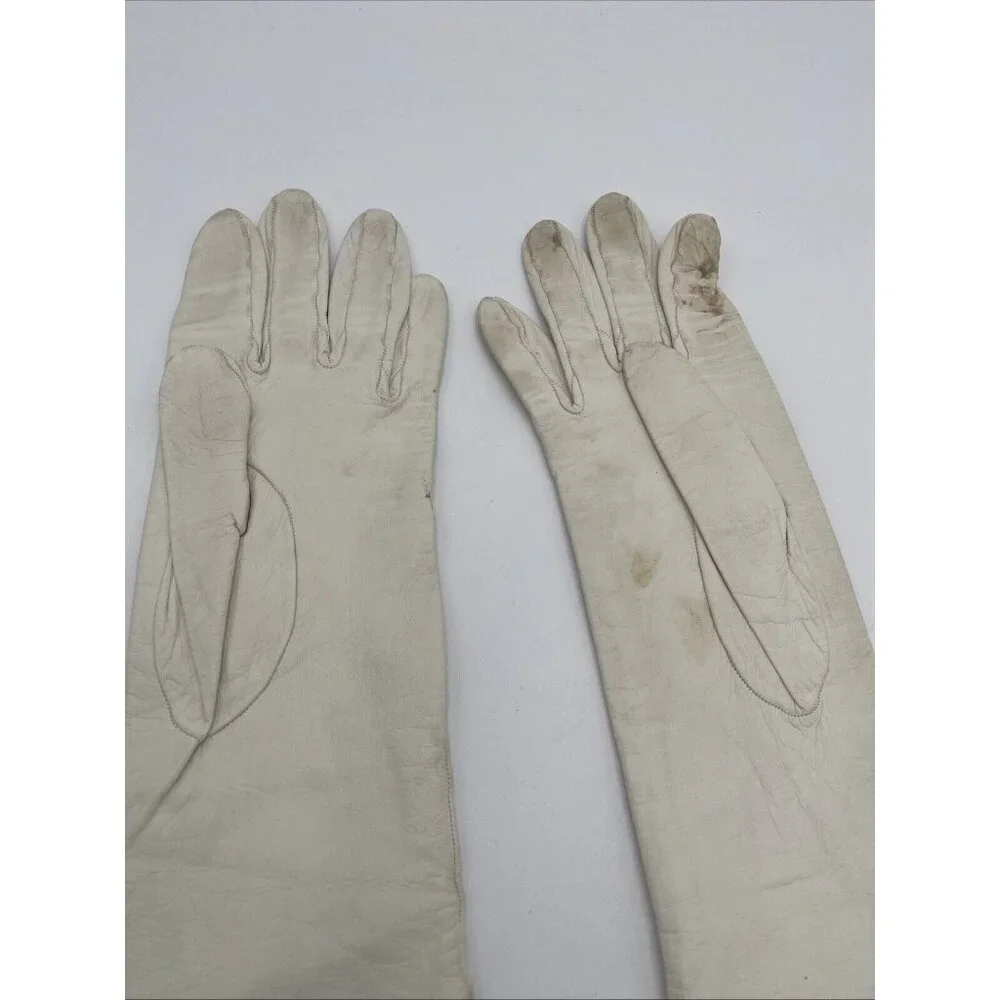 Vintage Womens Saks Fifth Avenue White Leather Long Gloves 7 1/2 Made in France